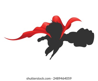 Woman superhero silhouette with scarlet fabric silk cloak. Mantle costume or cover cartoon vector illustration