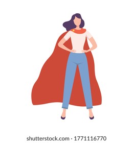 Woman Superhero in Waving Cloak, Feminism, Freedom, Protest, Female Power and Rights Concept Flat Style Vector Illustration