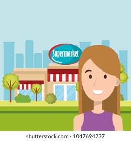 woman in supermarket building front scene