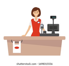 Woman supermarket cash desk cashier. Vector flat illustration.