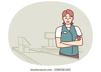 Woman supermarket cashier stands in checkout area of store and looks proudly into camera with arms crossed. Girl in uniform of grocery store cashier for advertising vacancies in retail business