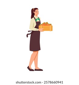 Woman Supermarket Employee and Worker in Apron Carry Crate Vector Illustration