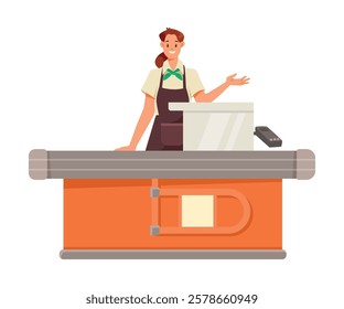 Woman Supermarket Employee and Worker in Apron Standing at Counter Vector Illustration