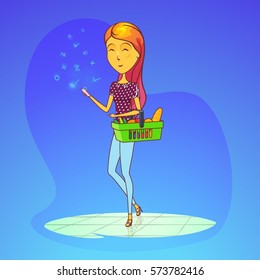 Woman in supermarket with full basket of groceries like baguette bread and vegetables, cellular phone or smartphone. Cartoon girl or female on heels in shop or store. Trading and shopping theme