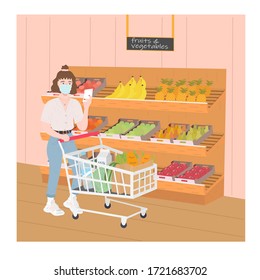 Woman in a supermarket with a list of products in a mask. Pandemic, quarantine. Vector illustration