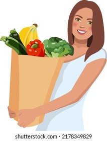 Woman in supermarket with a package. Shopping bags flat vector illustrations set. Grocery purchases, paper packages with products.  Eco packaging girl with fruit and vegetable.  Healthy food