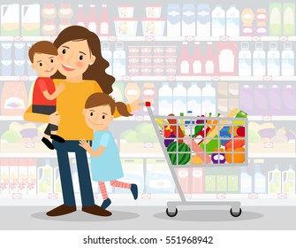 Woman In Supermarket With Two Young Kids And Shopping Cart Full Of Groceries. Vector Illustration.