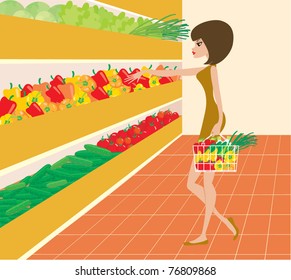 Woman in a supermarket. vector, no gradient