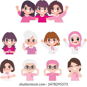 Woman support campaign to fight on breast cancer with pink ribbon in breast cancer awareness month. Cartoon clipart vector design.