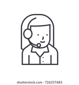 woman support with headset vector line icon, sign, illustration on background, editable strokes