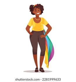 Woman support lgbt communityAfro american woman with lgbt rainbow hair embrace heart. . Pride month celebration against violence, discrimination, human rights. Lgbt greeting card. Isolated on white.