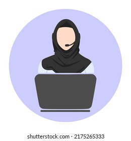 Woman in the support Service. A girl in an Islamic hijab with a laptop and headphones. Call and talk. Flat icon Modern assistant. Arabic marketing and sales.
