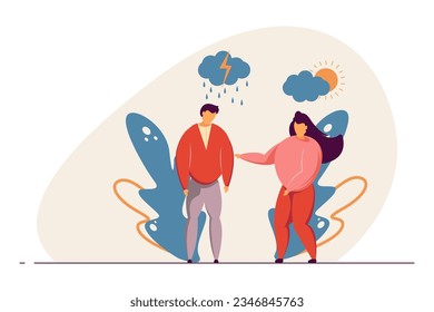 Woman supporting depressed friend vector illustration. Girlfriend or female colleague helping and understanding man with dark cloud and rain over head. Emotional connection, empathy concept