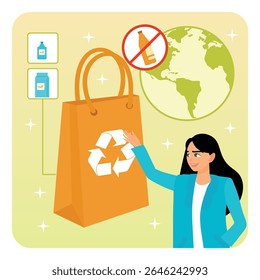Mulher apoiando práticas de reciclagem e desperdício zero, simbolizadas por um saco reutilizável. Enfatizando ações ecológicas dentro da preservação ambiental global. Conceito de produto ecológico.