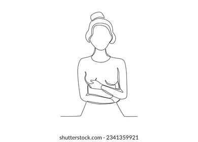 A woman supports breast health. Breast cancer awareness month one-line drawing