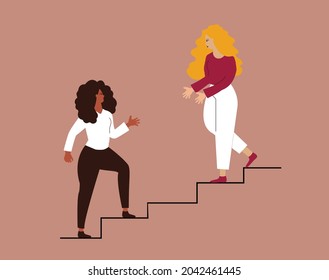 Woman supports her workmate to climb career ladder. Two women rise up together on the stairs and help each other. Woman extends a helping hand to her best friend. Concept of women empowerment. Vector.