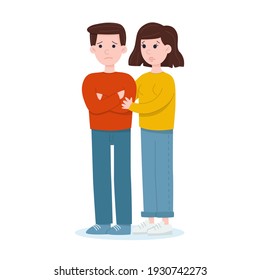 A woman supports an sad man. Friendly and family support concept.