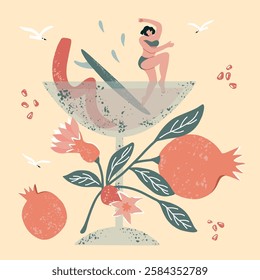 Woman surf in cocktail glass. Summer vibes illustration. Print with blooming flower and pomegranate. Vector illustration for card, poster, label, t shirt. 
