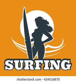 The woman with surfboard against ocean wave. Surfing club emblem.