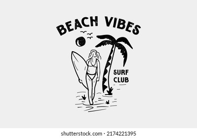 Woman Surfboard Beach Vibes Surf Club Vintage Distresed Illustration