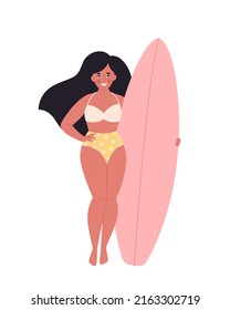 Woman with surfboard. Summer activity, summertime, surfing. Hello summer. Summer Vacation. Hand drawn vector illustration 