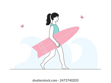 Woman with surfboard. Young girl in swimsuit goes surfing. Active lifestyle and extreme sports. Surfer in tropical and exotic country. Linear flat vector illustration isolated on white background