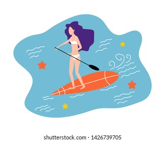 Woman with surfboards isolated on white background. Girl  standing on surf board. Sea or ocean activity. Girl standing on the board and holding paddle. Beach summer vacation. 