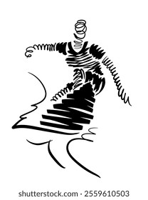 Woman surfer catches a wave, abstract hand drawn vector illustration 