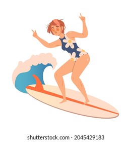 Woman Surfer Character on Surf Board Riding Moving Wave of Water Vector Illustration