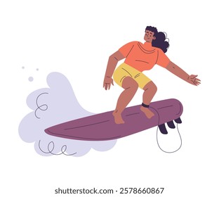 Woman Surfer Character with Surfboard Ride Ocean Wave Vector Illustration