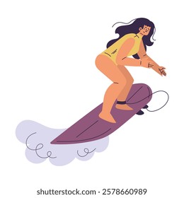 Woman Surfer Character with Surfboard Ride Ocean Wave Vector Illustration