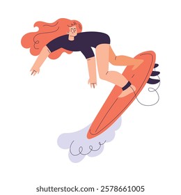 Woman Surfer Character with Surfboard Ride Ocean Wave Vector Illustration