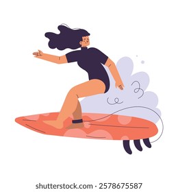 Woman Surfer Character with Surfboard Ride Ocean Wave Vector Illustration