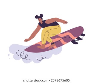 Woman Surfer Character with Surfboard Ride Ocean Wave Vector Illustration