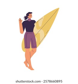 Woman Surfer Character with Surfboard Standing Vector Illustration