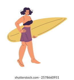 Woman Surfer Character with Surfboard Standing Vector Illustration