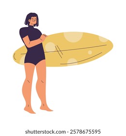 Woman Surfer Character with Surfboard Standing Vector Illustration