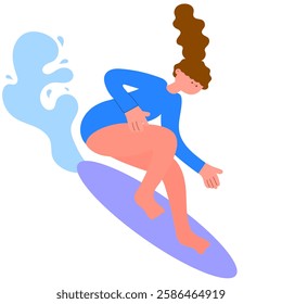 Woman surfer crouching on surfboard, ocean wave, extreme sport, flat vector illustration