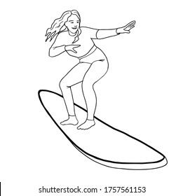 Woman surfer, doodle. Summer active lifestyle. Art for print, web, posters. International Surfing Day. Female silhouette with the surf. Vector illustration on white background. For cards, posters.