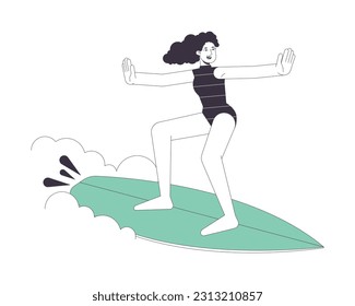 Woman surfer flat line vector spot illustration. Girl surfing big wave 2D cartoon outline character on white for web UI design. Caucasian woman in surf wetsuit editable isolated colorful hero image