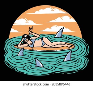 Woman surfer lying on surfboard illustration