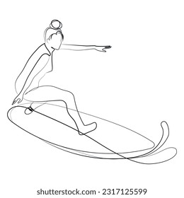 Woman surfer on a board riding waves One line drawing.Vector illustration.Active lifestyle concept.Girl surfer simplicity design