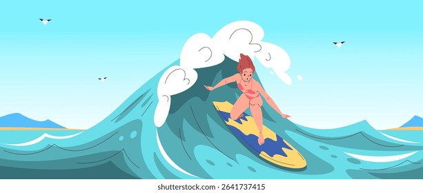 Woman surfer on wave. Girl in swimsuit ride surf board ocean waves, female surfing extreme water sport summer hawaii vacation beach surfboard activity, classy vector illustration original artwork