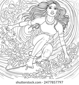 
Woman surfer rides a surfboard on the waves.Coloring book antistress for children and adults. Illustration isolated on white background. Hand draw