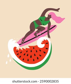 Woman surfer rides watermelon waves on board. Girl power concept. Summer illustration isolated on background. Design for cover, card, t shirt. 