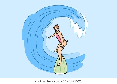 Woman surfer rides waves on surfboard, enjoying active summer holiday at seaside resort. Girl surfer does extreme sports during vacation, wanting to get adrenaline rush from surfing.