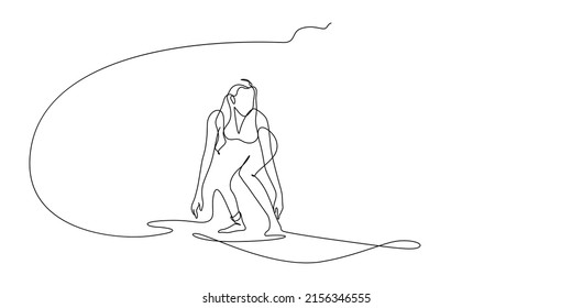 Woman surfer riding on surfboard line art illustration. One line drawing continuous simplicity vector isolated on white copy space background