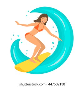 Woman surfer riding the wave on surfboard . Summer Beach Water Sports Activities. 