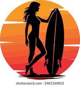 Woman Surfer Silhouette Standing with Surfboard Against a Dramatic Sunset Sky