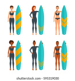 Frauen, die im Stehen surfen, mit einem Surfbrett. Die Gruppe weiblicher Personen in vollem Wachstum. Cartoon-Leute einzeln auf dem Hintergrund. Mädchen mit unterschiedlichen Frisuren und Strandbekleidung. Surfer Sommer Vektor Set.